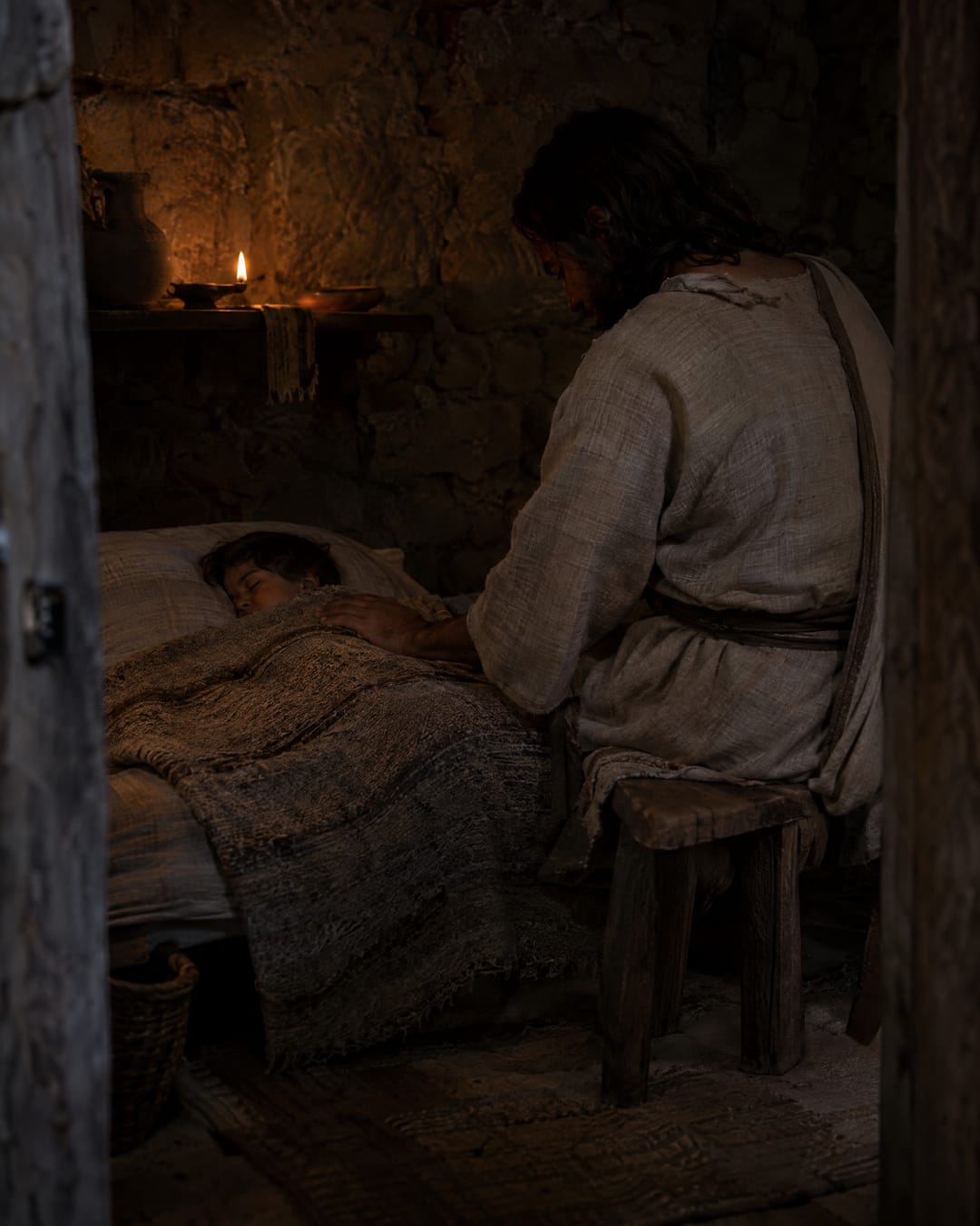 En un cuarto de piedra a la luz de una lámpara, Jesús está sentado junto a un niño dormido, con la cabeza inclinada y la mano sobre la manta.