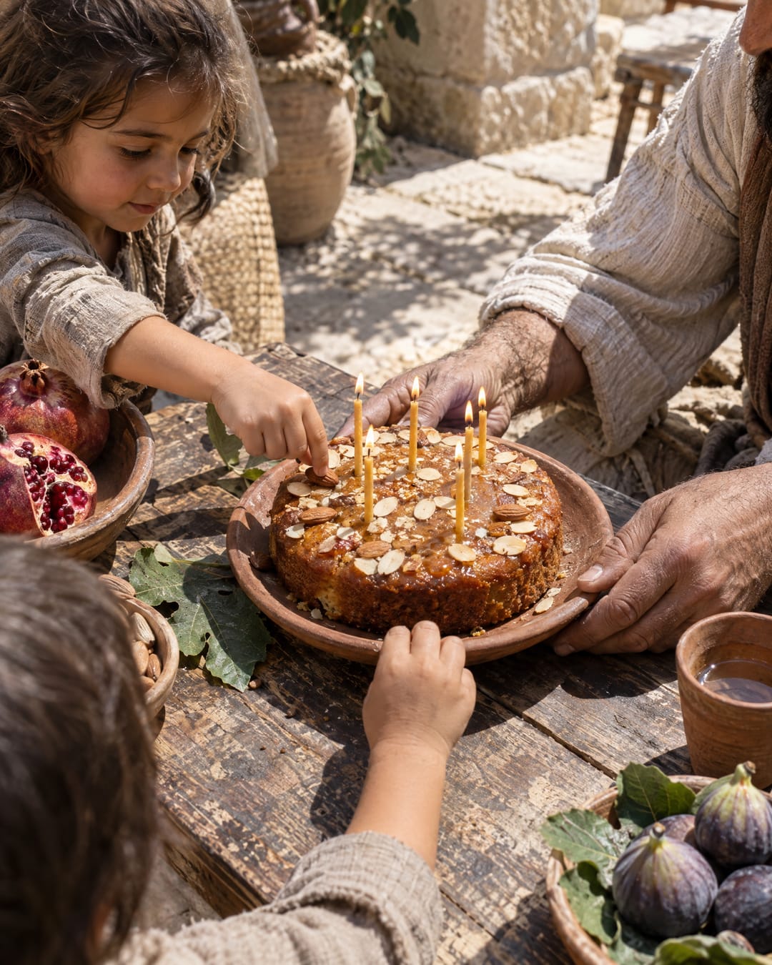Manos de niños se acercan a un pastel de miel y almendras con velas encendidas en una mesa soleada del patio, mientras la mano de un hombre sostiene el plato.