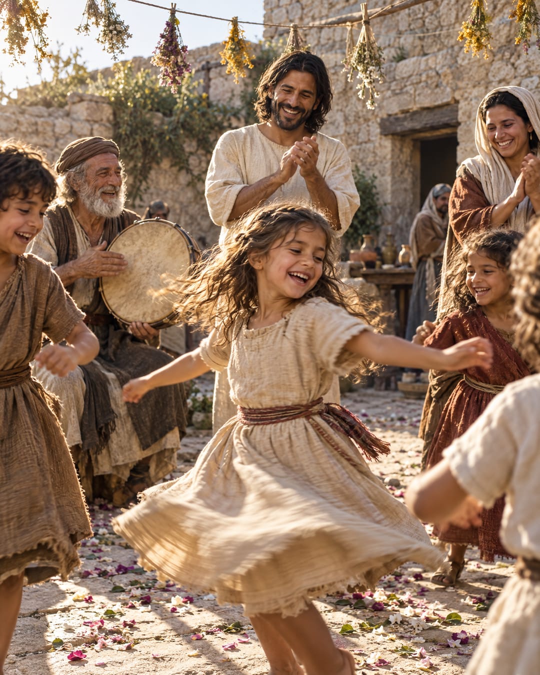 Una niña gira y ríe en un patio soleado mientras otros niños bailan, un anciano toca el tambor y Jesús aplaude con ellos.
