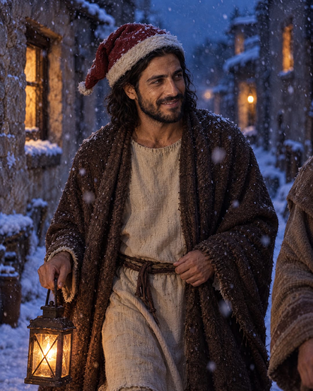 Jesús, con un gorro de Santa gastado y un manto de lana con nieve, camina por una calle del pueblo al anochecer con un farol, riendo con alguien a su lado.