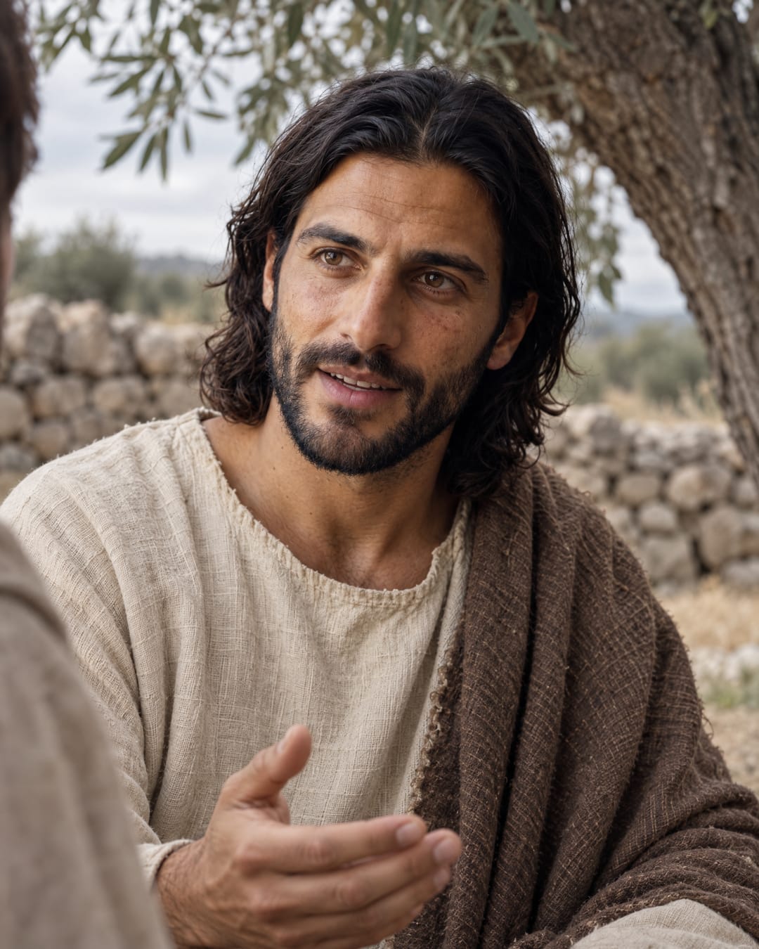Jesús, sentado bajo un olivo en una tarde nublada, le está contando algo a alguien, con una pequeña sonrisa.