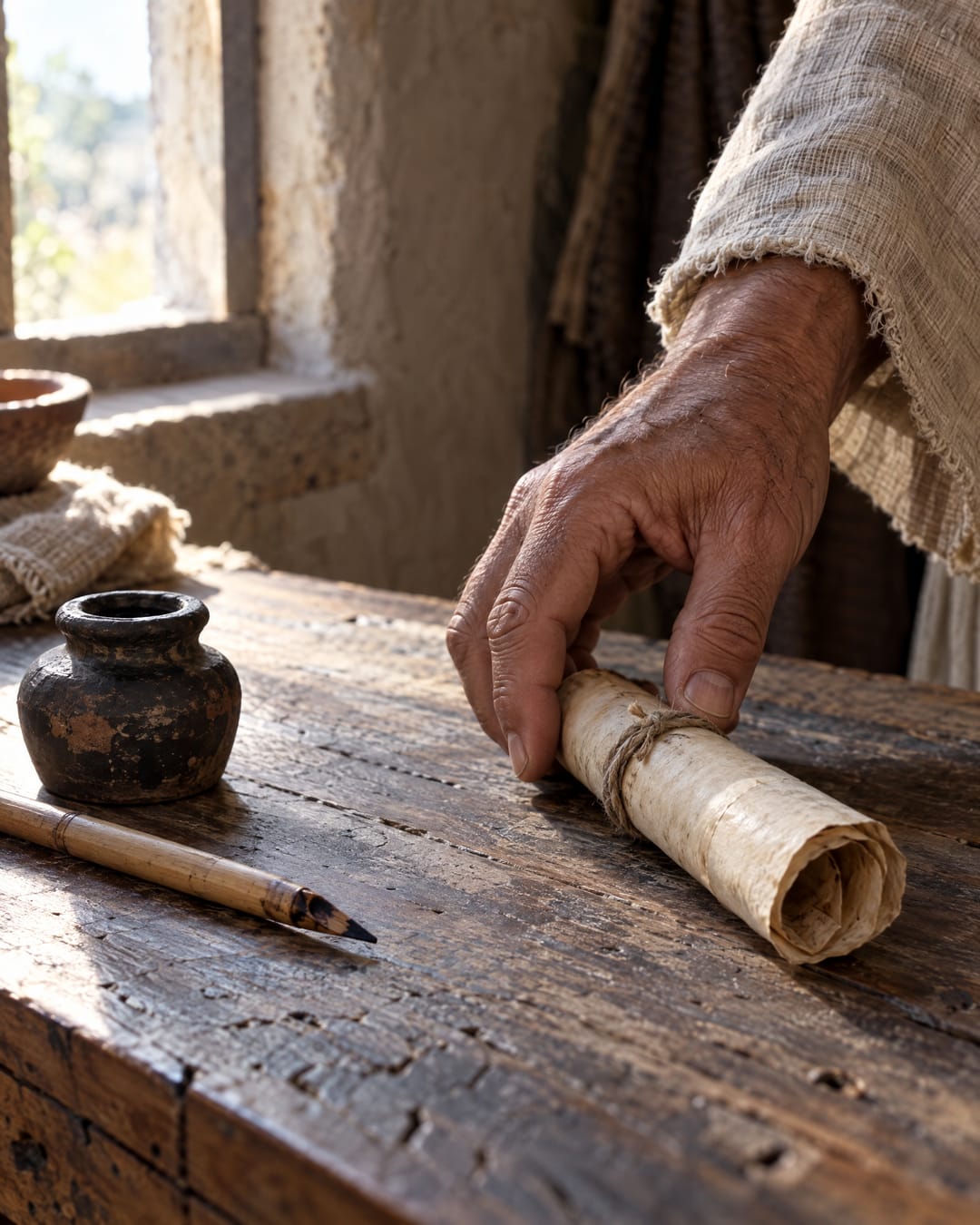 Una mano curtida deja una pequeña carta enrollada y atada con un cordel sobre una mesa junto a la ventana, al lado de un tintero de barro y una pluma de caña.