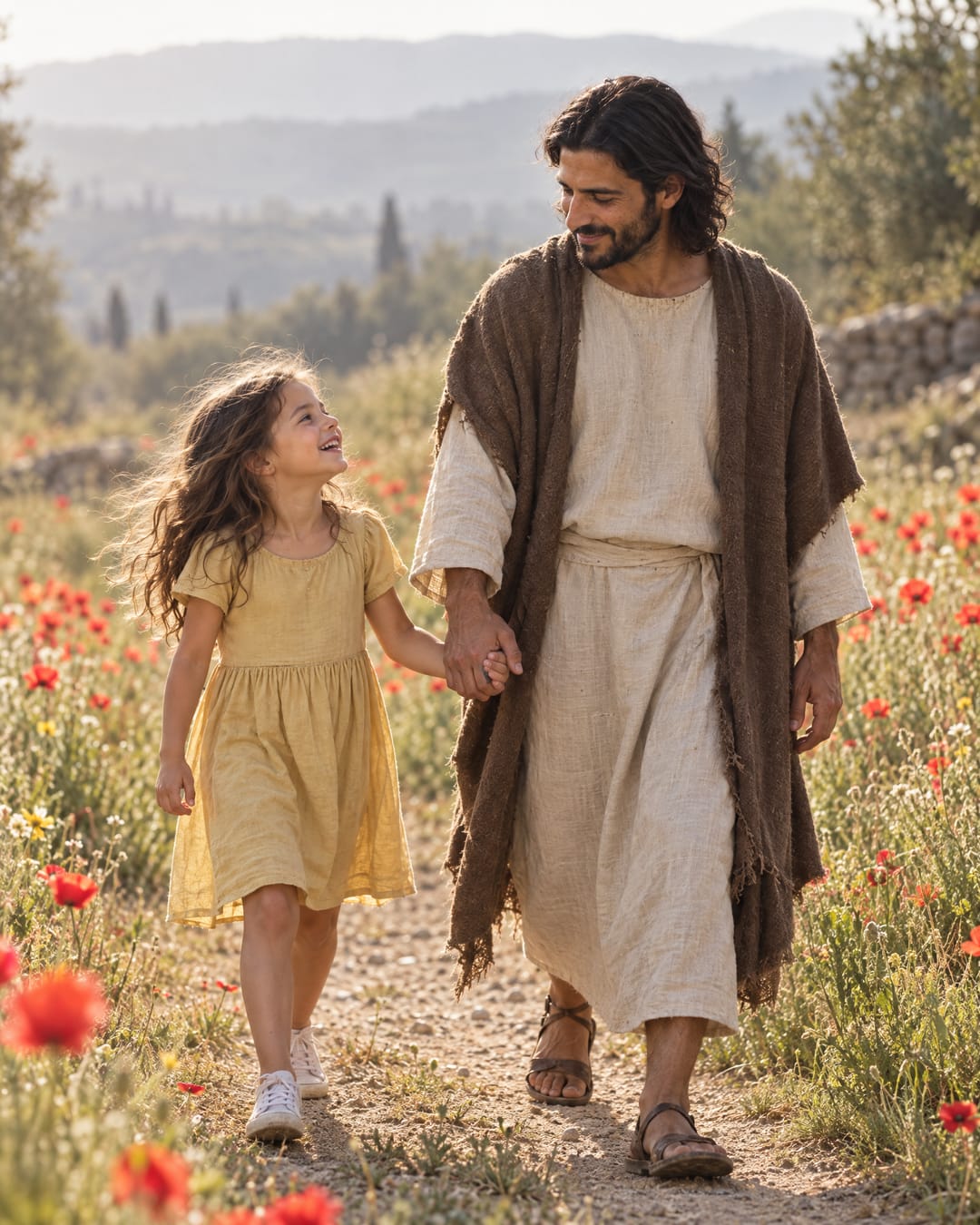 Jesús camina de la mano de una niña risueña con vestido amarillo y tenis por un sendero entre amapolas.