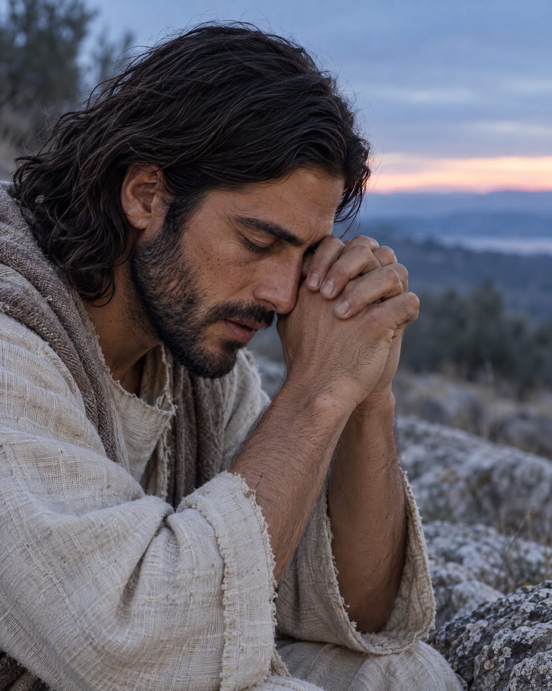 Jesús ora a solas en una ladera rocosa antes del amanecer, con los ojos cerrados y la frente apoyada en las manos juntas.