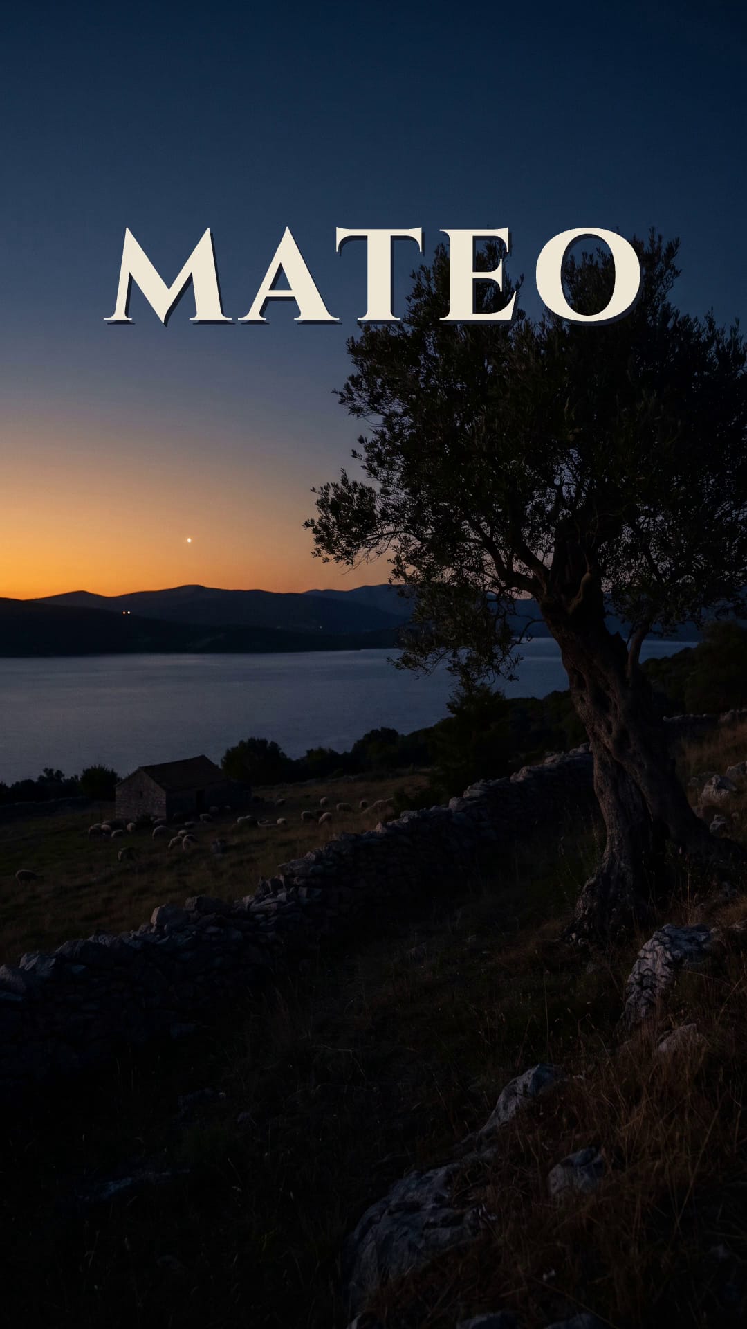 El nombre Mateo en letras doradas sobre las colinas bajo una estrella.