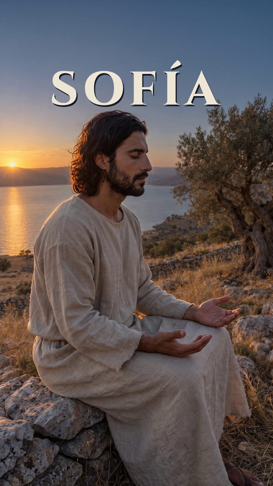 El nombre Sofía en letras doradas sobre Jesús orando al atardecer.
