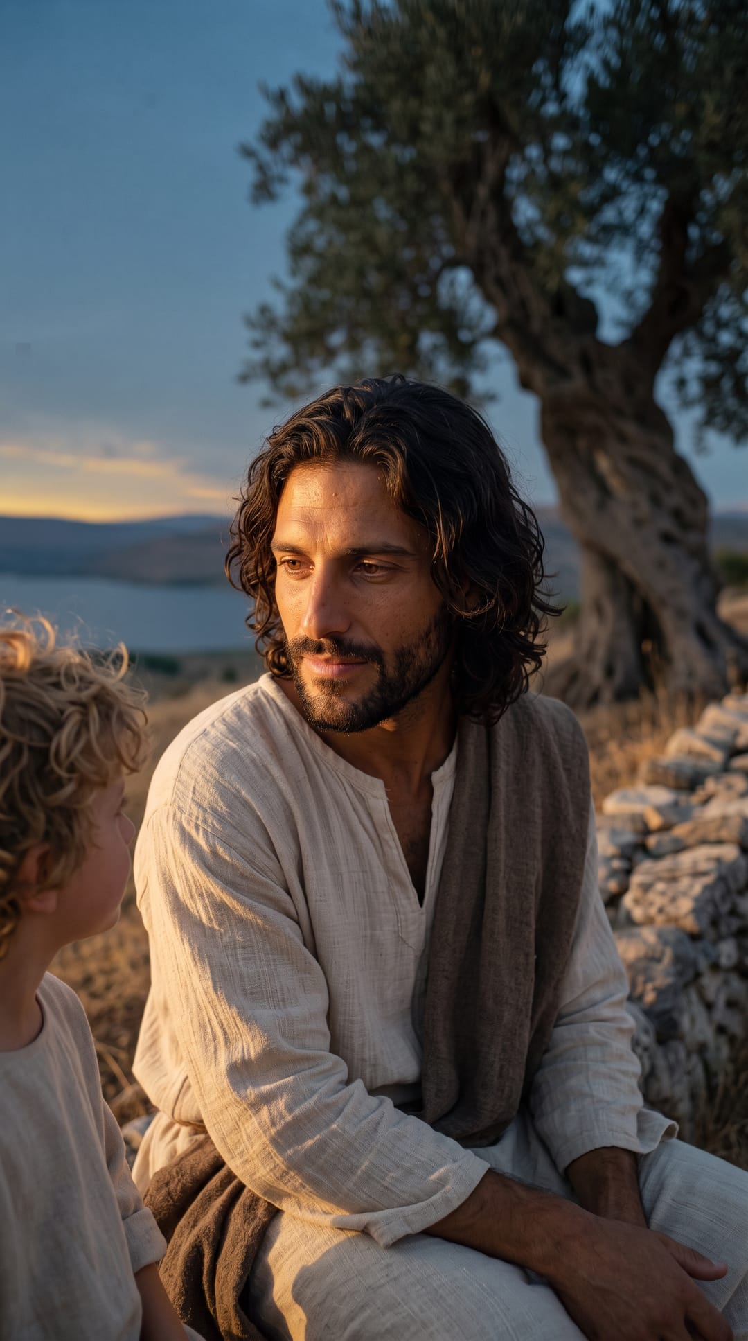 Jesús sonríe y se vuelve hacia el niño a su lado, con el lago abajo en la última luz.