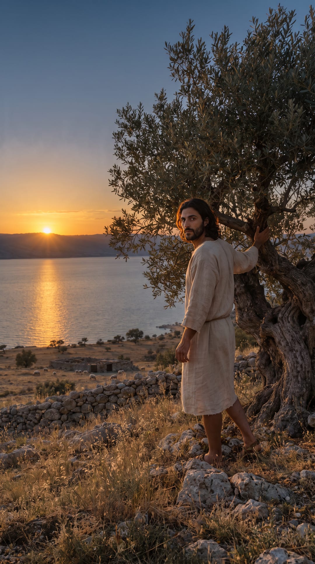 Jesús está de pie junto al olivo al ponerse el sol, mirando hacia atrás por encima del hombro.