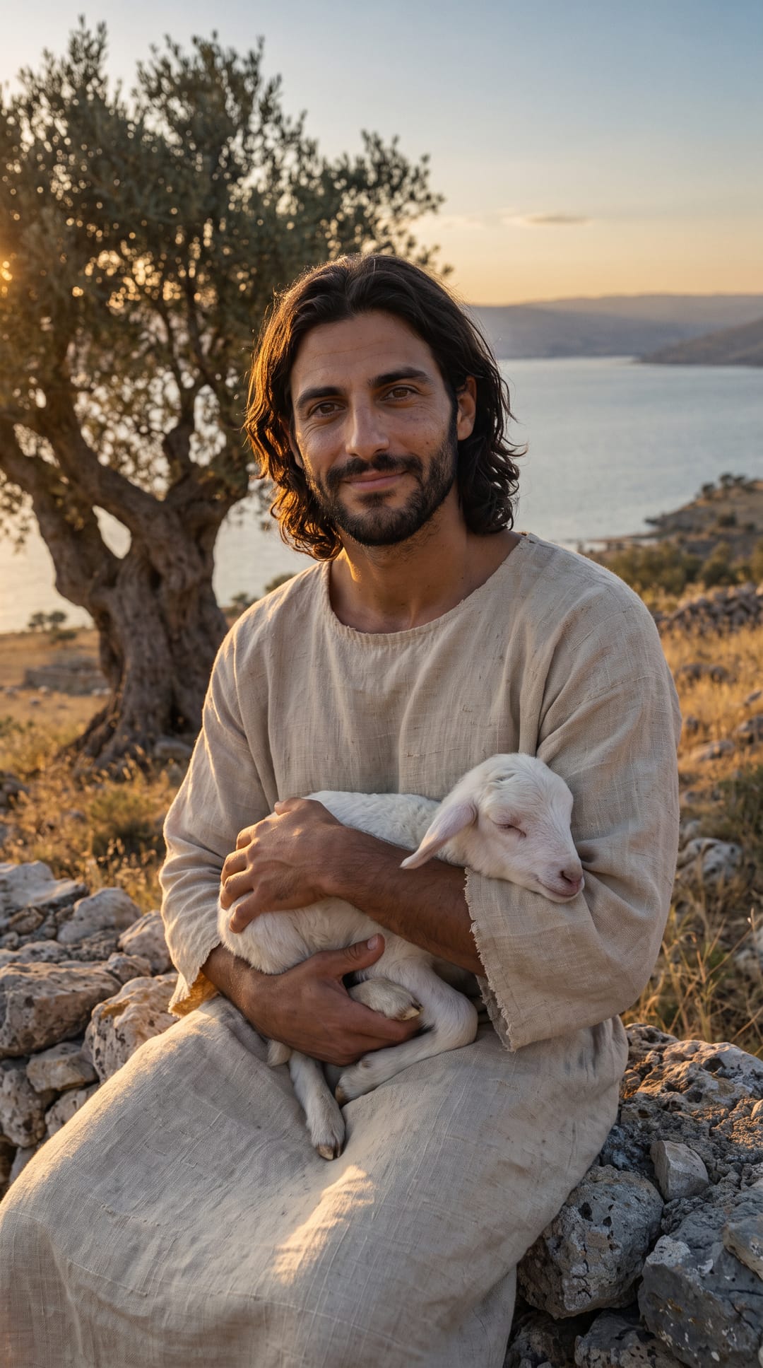 Jesús sentado en el muro de piedra con un corderito recién nacido en brazos, mirándote con una sonrisa serena.