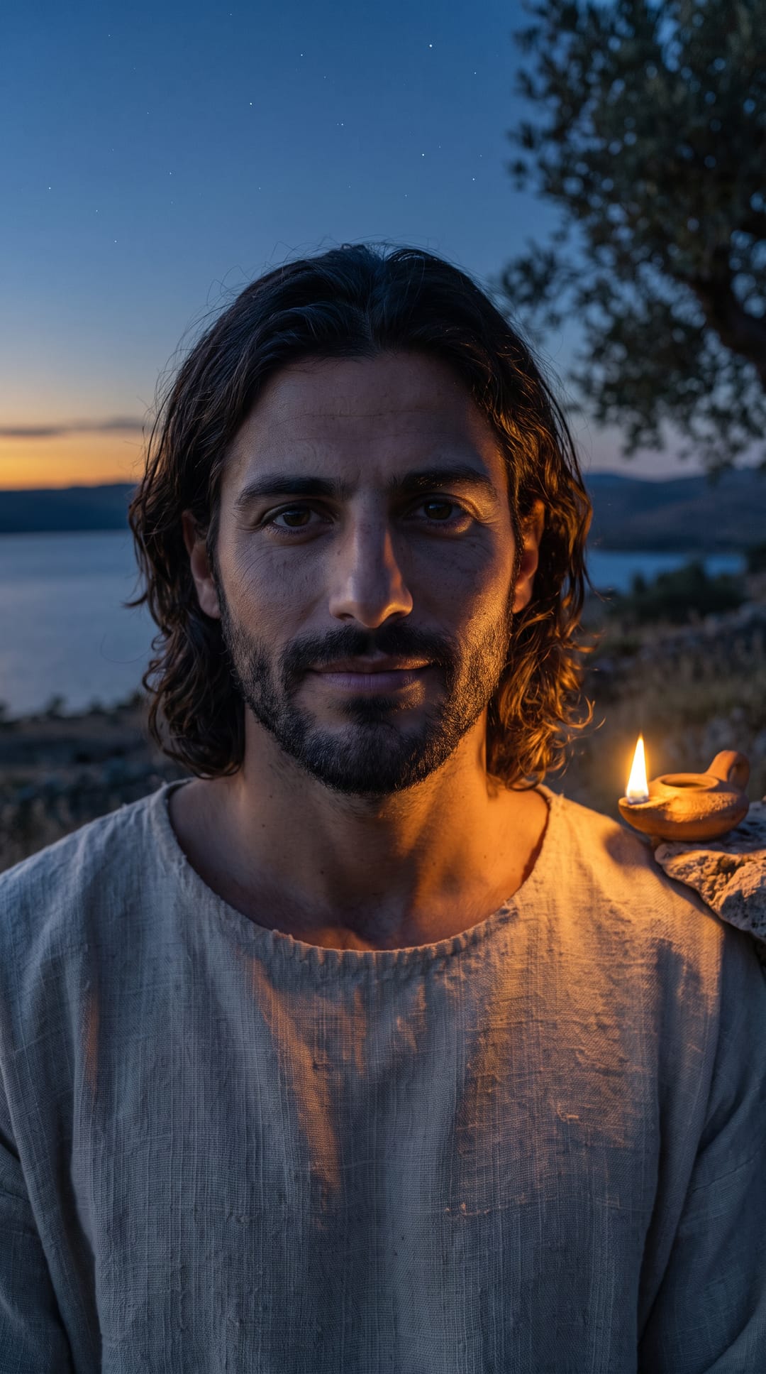 Jesús sentado en el muro de piedra en la hora azul, con una pequeña lámpara encendida a su lado, mirándote.