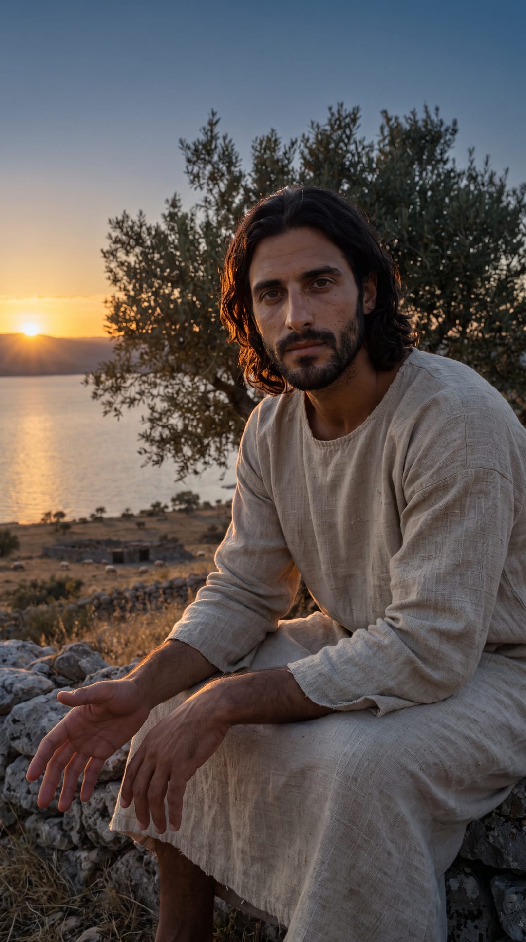 Jesús está sentado en el muro con las manos abiertas, mirándote mientras el sol se pone sobre el lago.