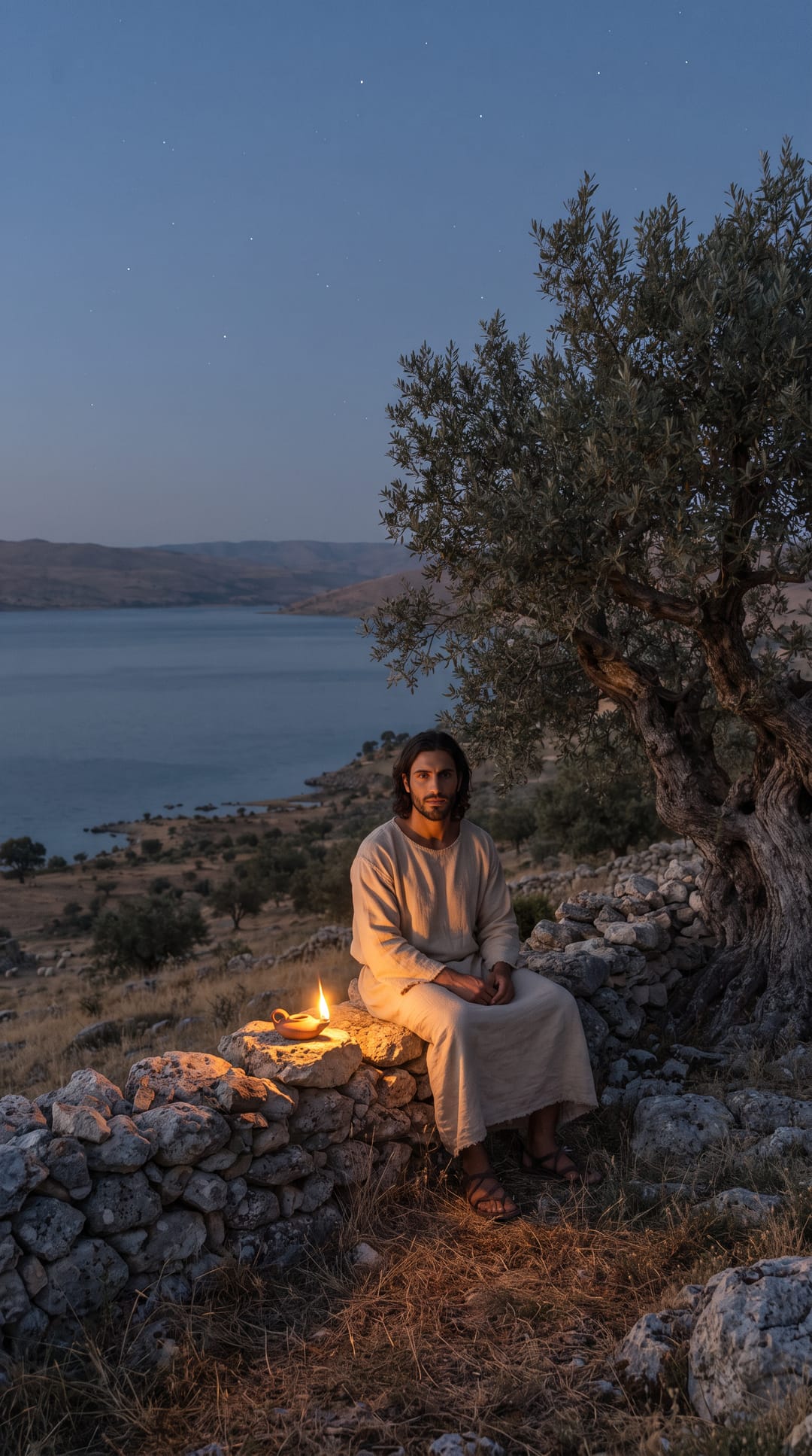 La colina después del atardecer, las primeras estrellas sobre el lago, Jesús sentado junto a una pequeña lámpara.