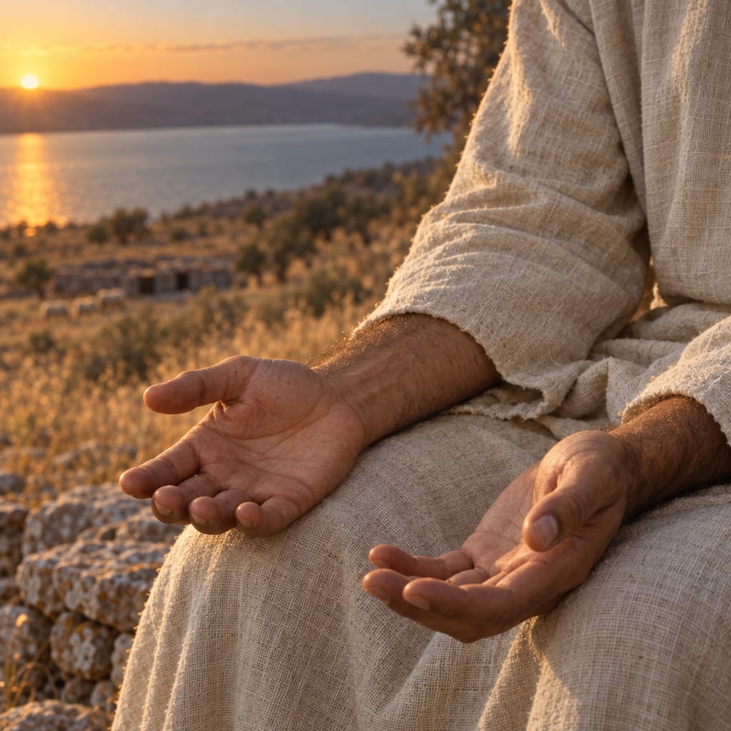 Las manos abiertas de Jesús sobre sus rodillas, en la última luz sobre el lago.