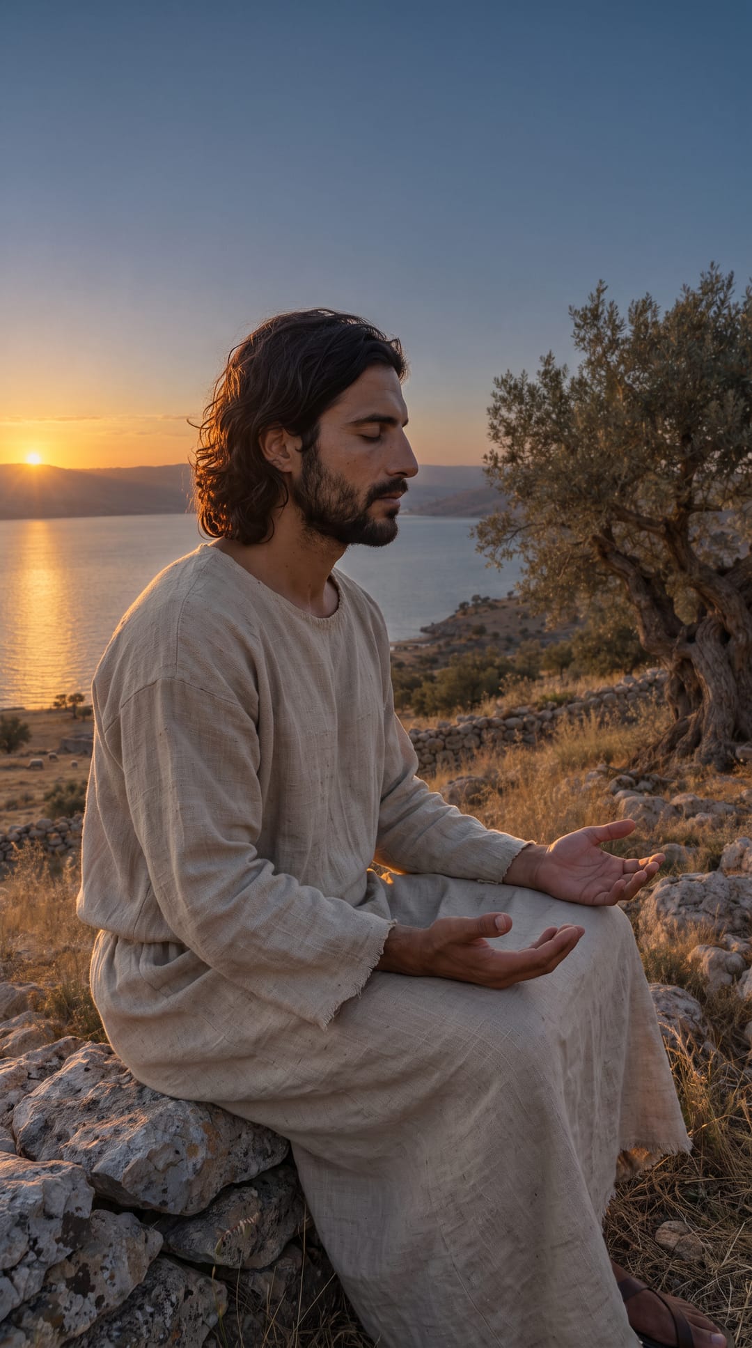 Jesús ora en la colina al atardecer, con los ojos cerrados y las manos abiertas sobre las rodillas.