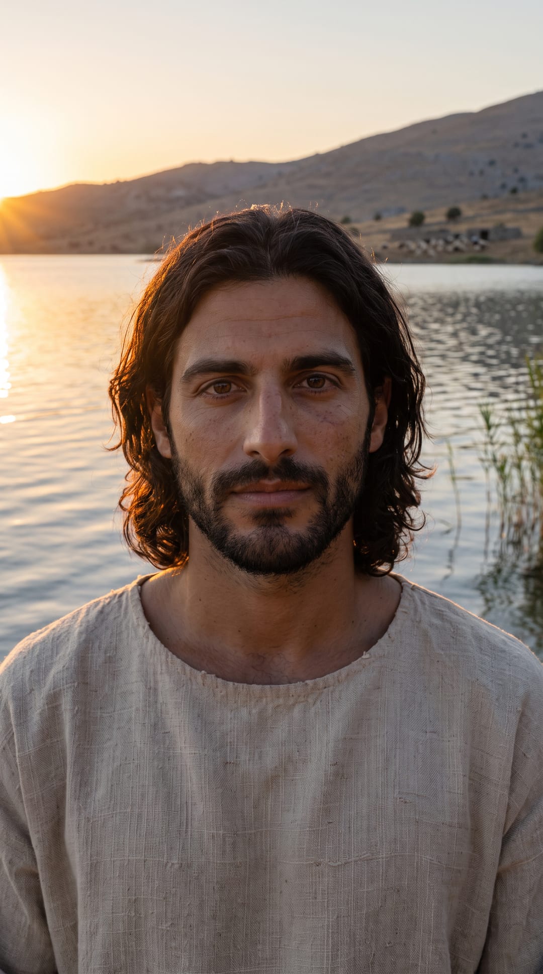 Jesús de pie a la orilla del lago con el último sol de la tarde, mirándote.