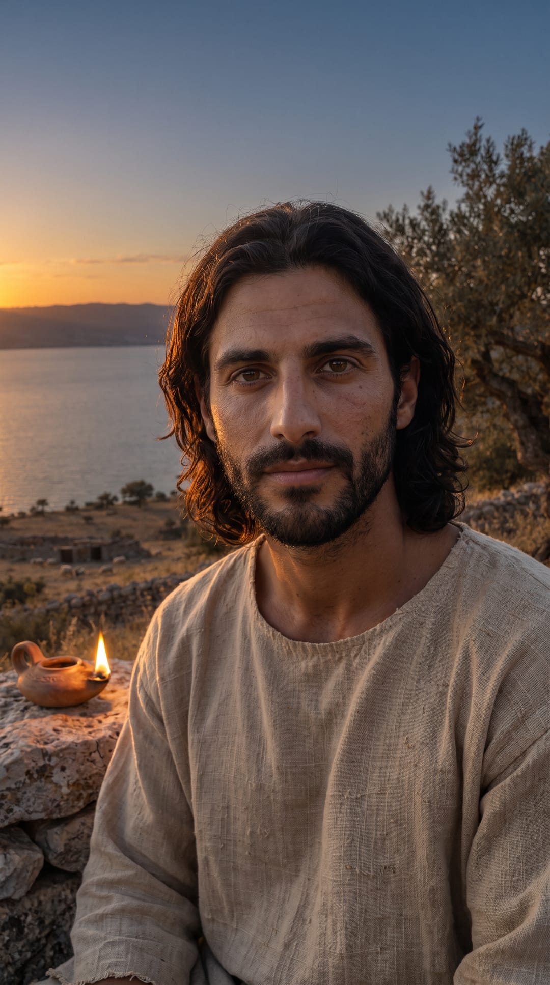 Jesús te mira con compasión justo después del atardecer, con una pequeña lámpara encendida a su lado.