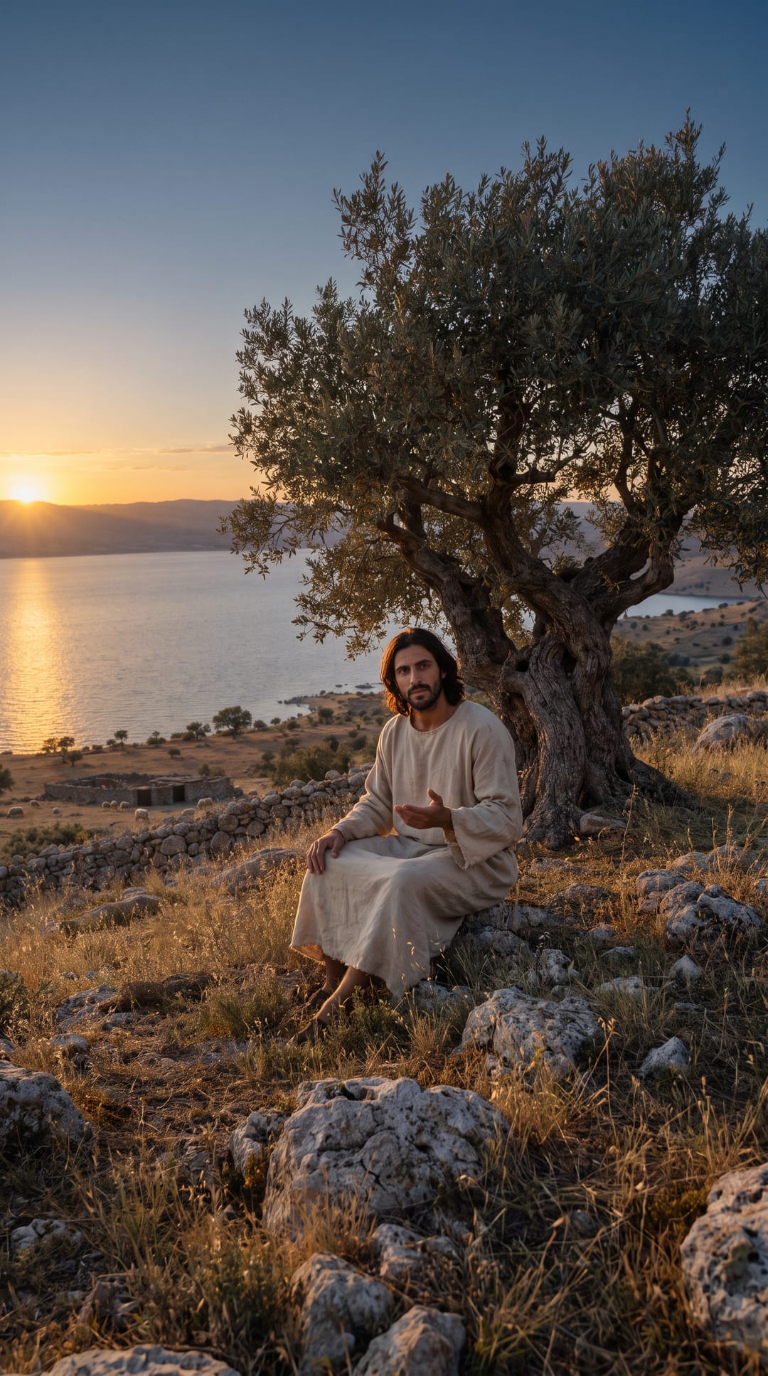 Jesús sentado bajo el olivo en la colina al atardecer, hablándote, con el lago abajo.